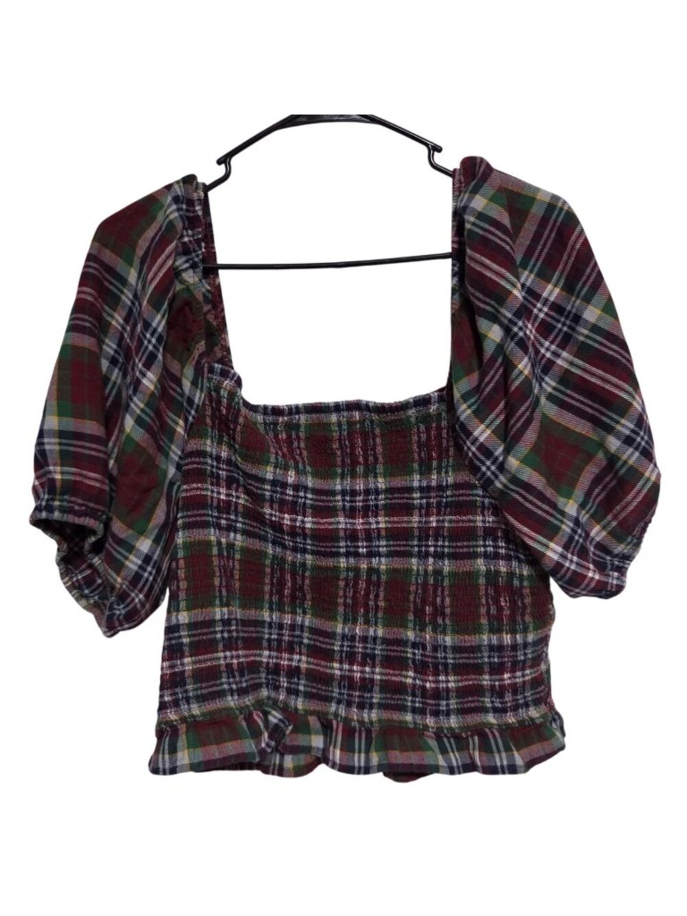 American Eagle Crop Top Size 2XL Smocked Plaid Puff Sleeve Dark Academia Holiday